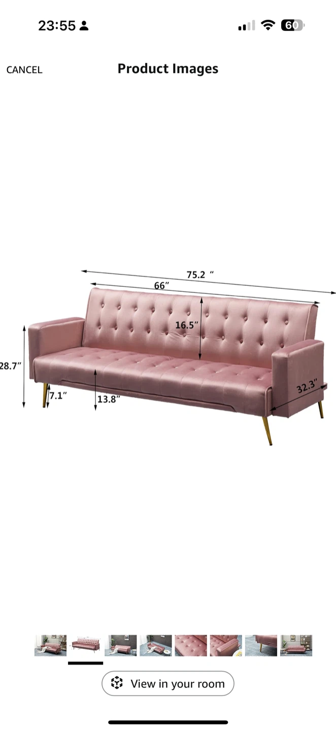 Rose Pink Velvet Tufted Convertible Sofa Bed - 75.2" Length - photo 4