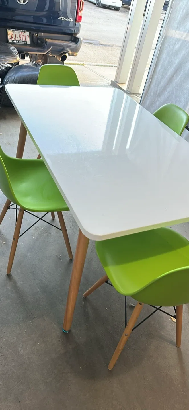 White Dining Table with 4 Green Chairs thumbnail