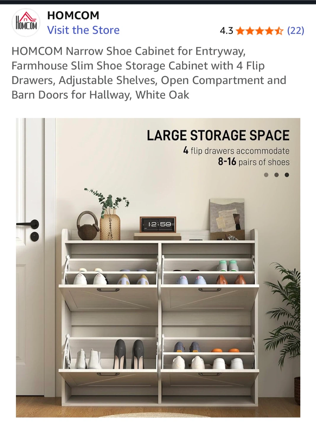 HOMCOM Narrow Shoe Cabinet - White Oak - photo 4