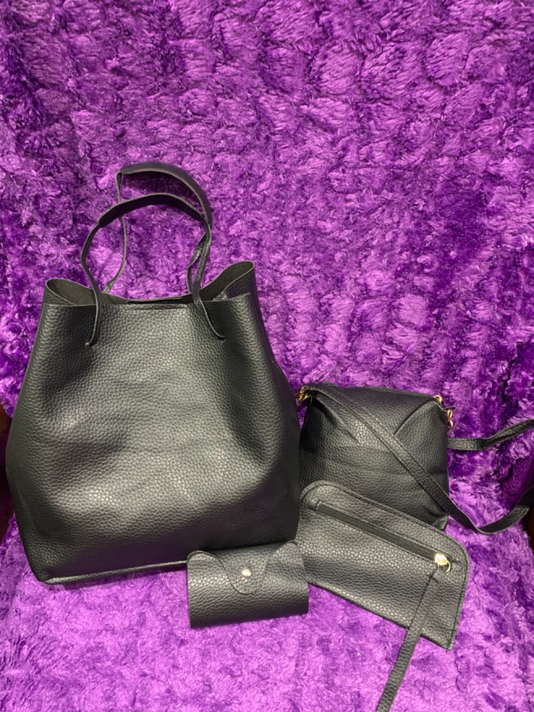 4-Piece Black Faux Leather Handbag Set
