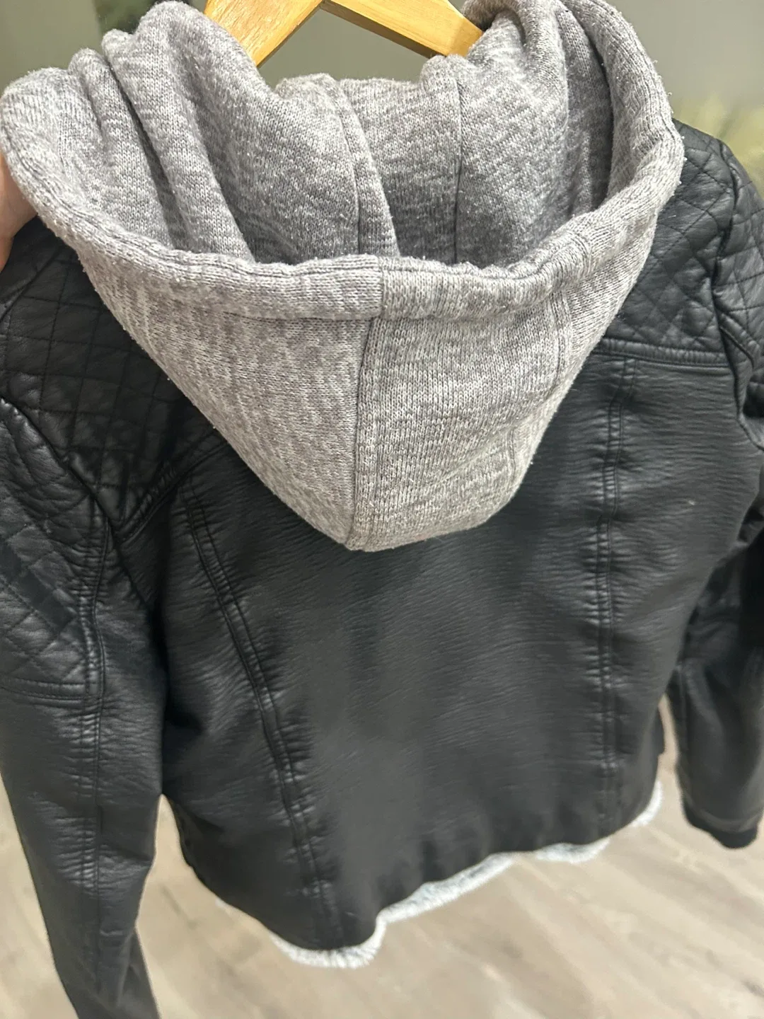 Black Faux Leather built in Hoodie Jacket image indicator(3)