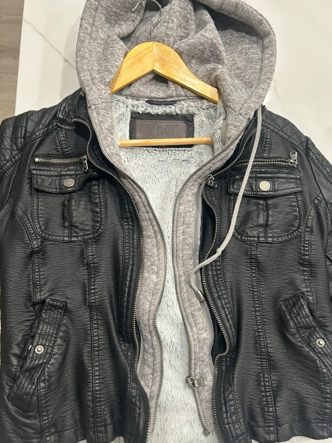 Black Faux Leather built in Hoodie Jacket image indicator(2)