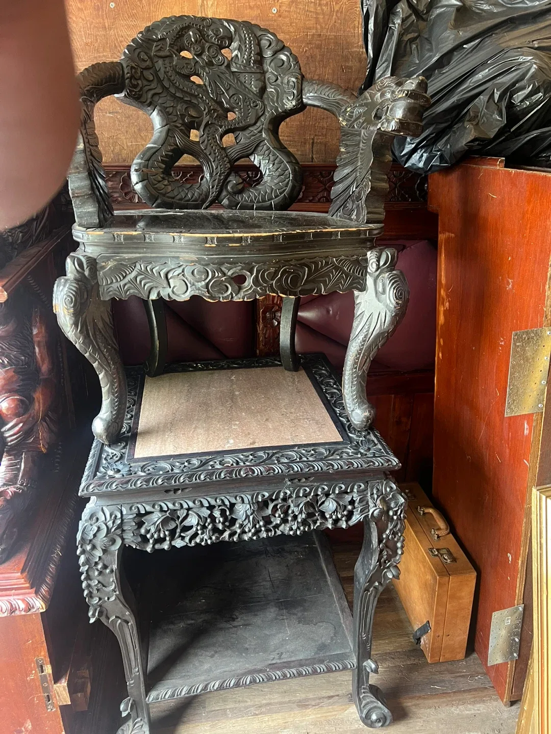 Antique Carved Wooden Chair and Table Set thumbnail