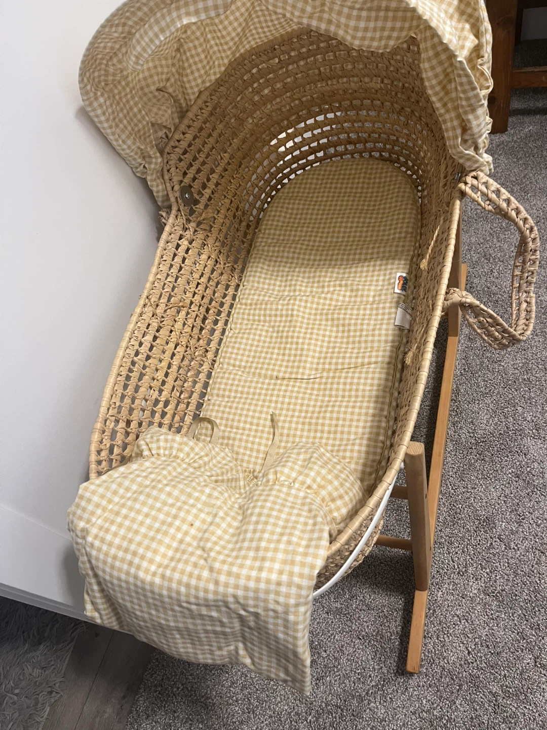 Wicker Bassinet with Gingham Canopy