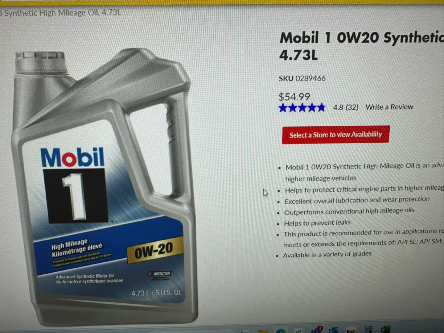 Mobil 1 0W-20 Synthetic High Mileage Oil, 4.73L image indicator(2)