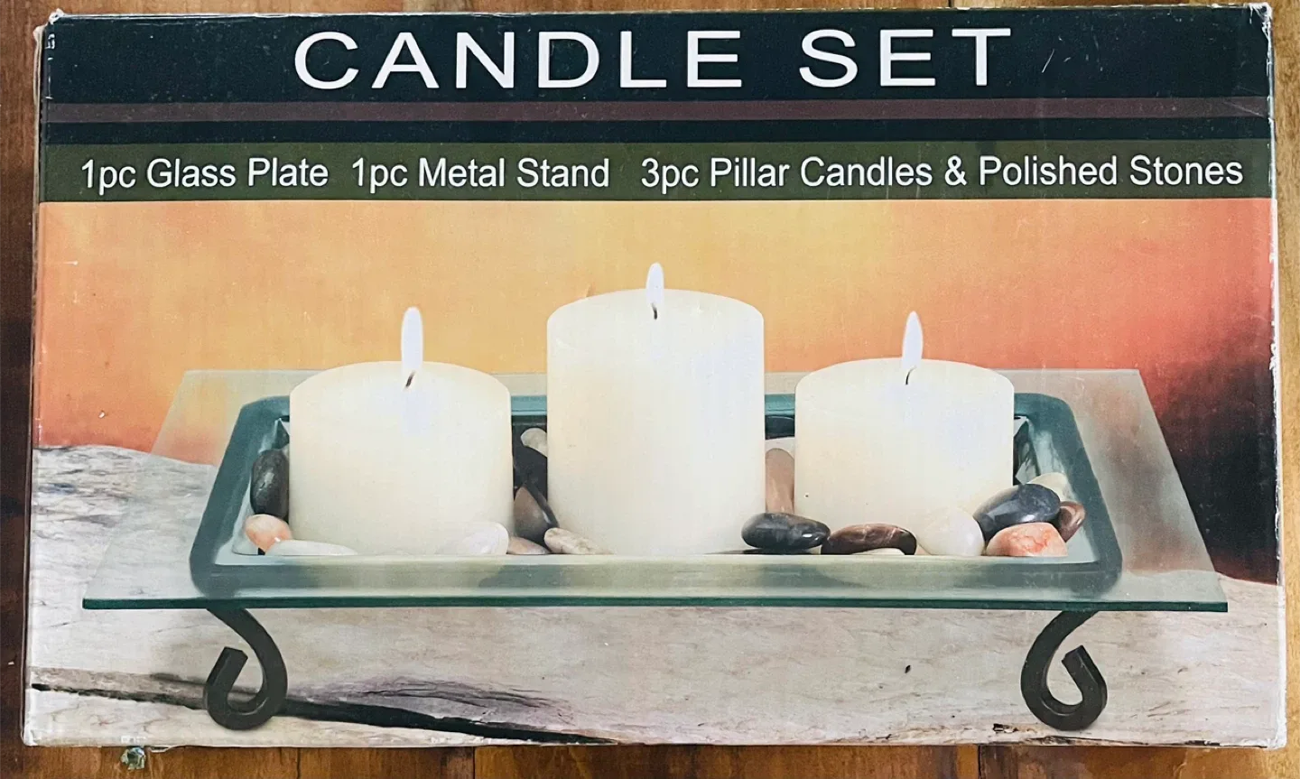 Candle Set with Glass Plate, Metal Stand, 3 Pillar Candles thumbnail