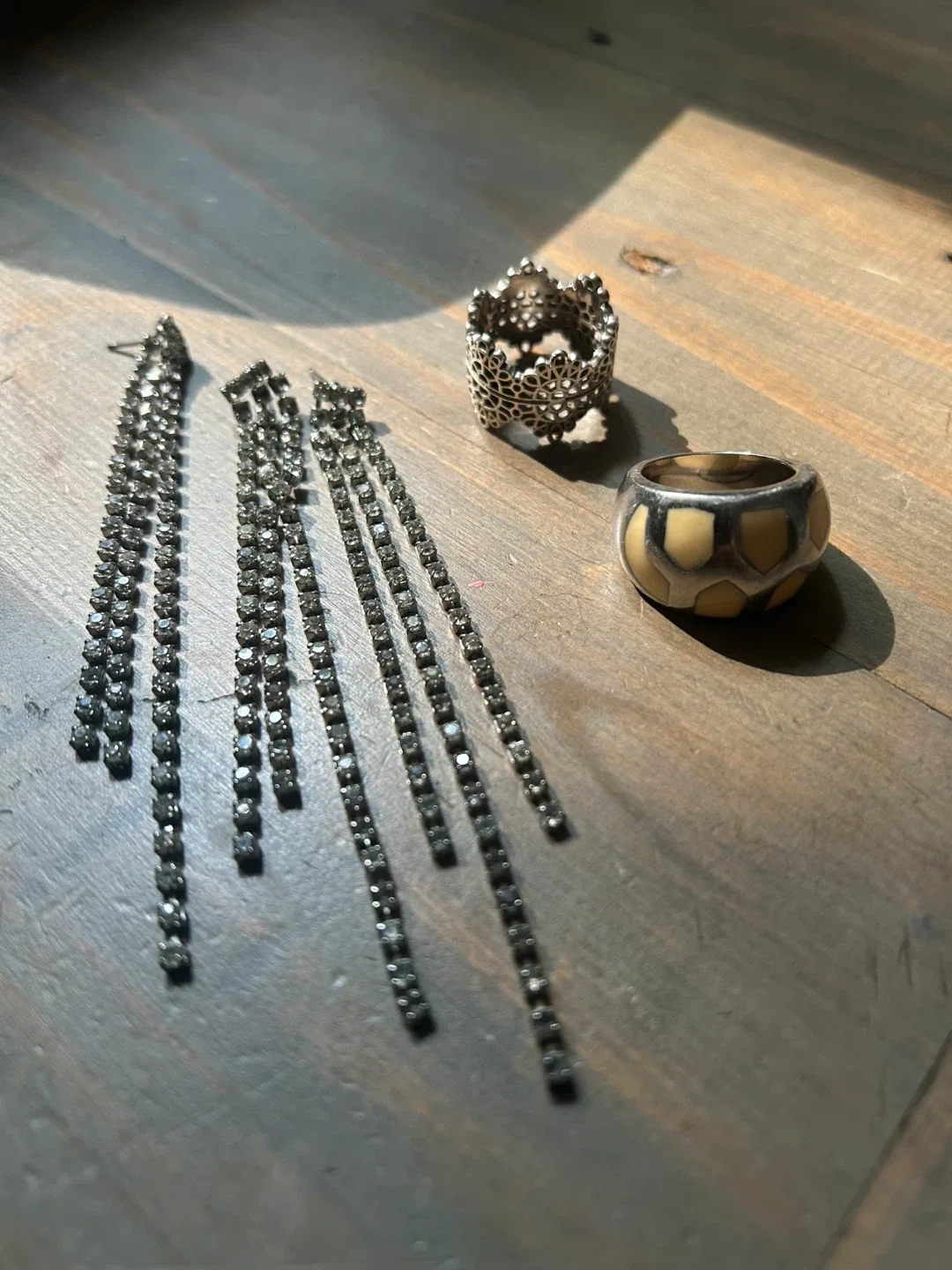 Rhinestone Dangle Earrings & Two Rings thumbnail