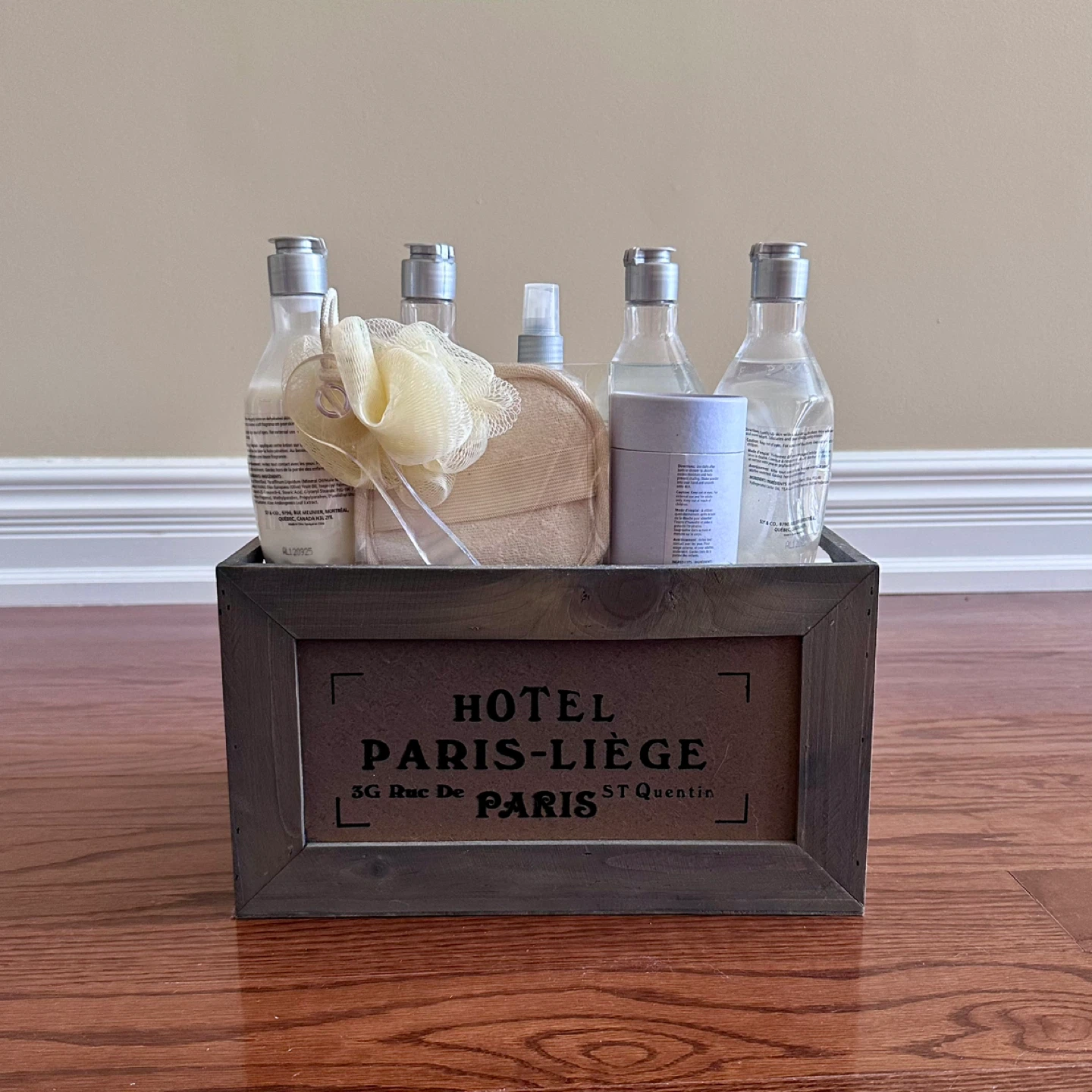Bathroom toiletries set in a wooden crate