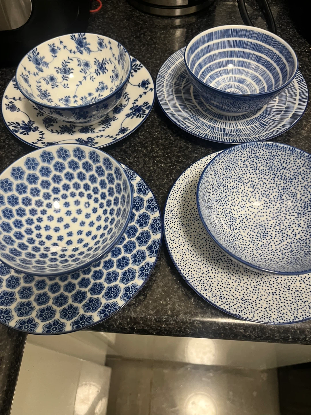 Blue & White Bowl and Plate Sets (4)