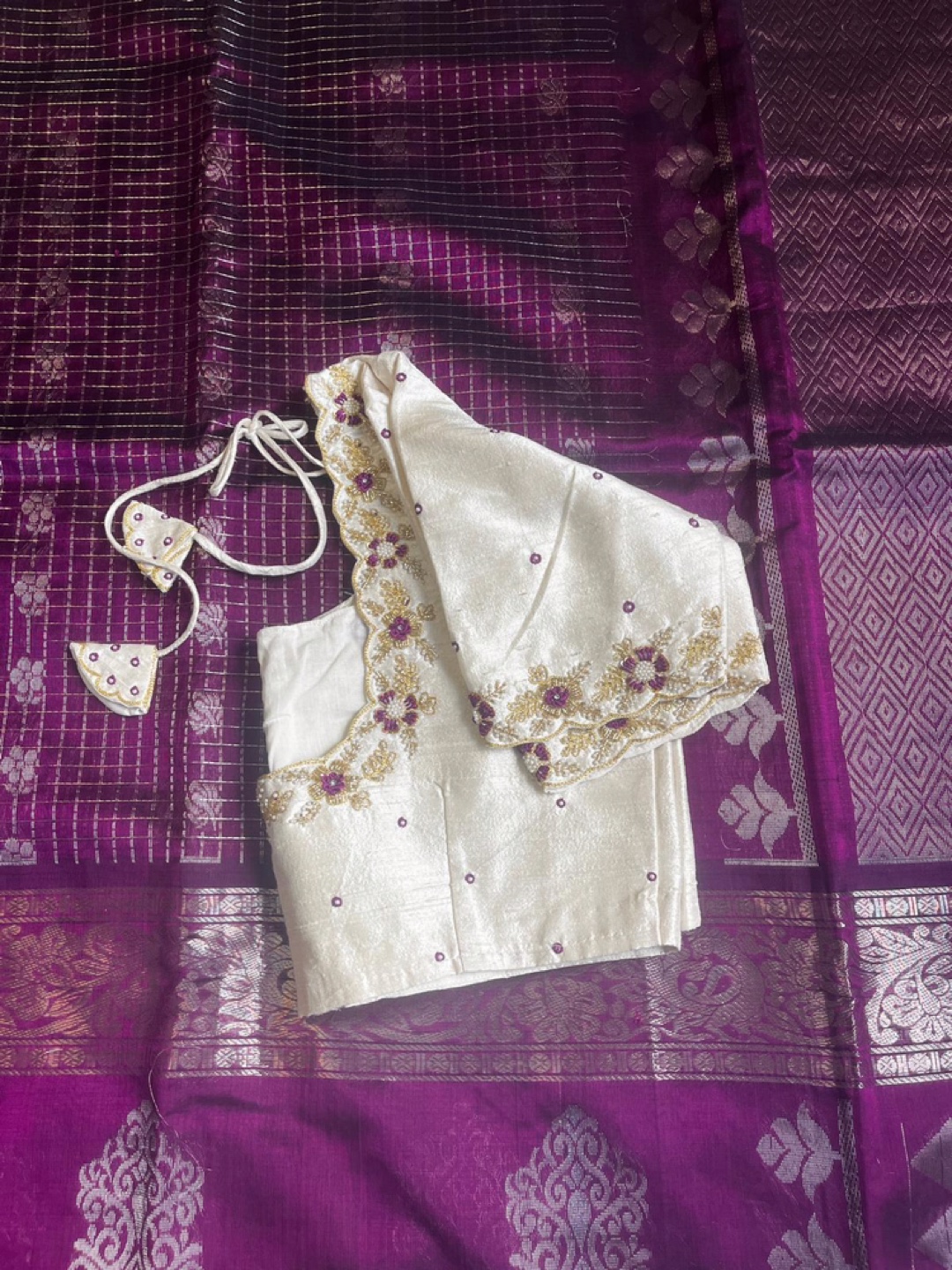 Handloom Mangalagiri silk saree with stitched maggam work blouse