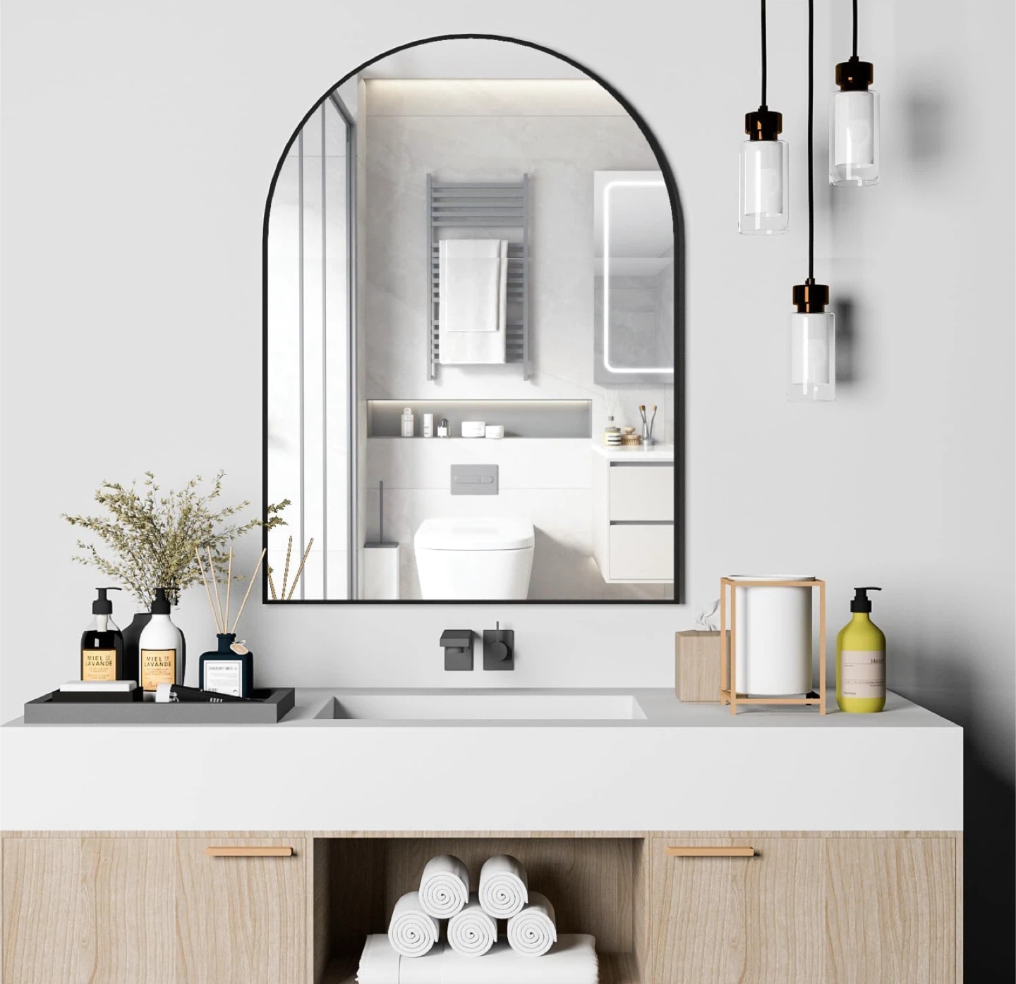 Large 40”x30” Arched Wall Mounted Mirror with Black Metal Frame