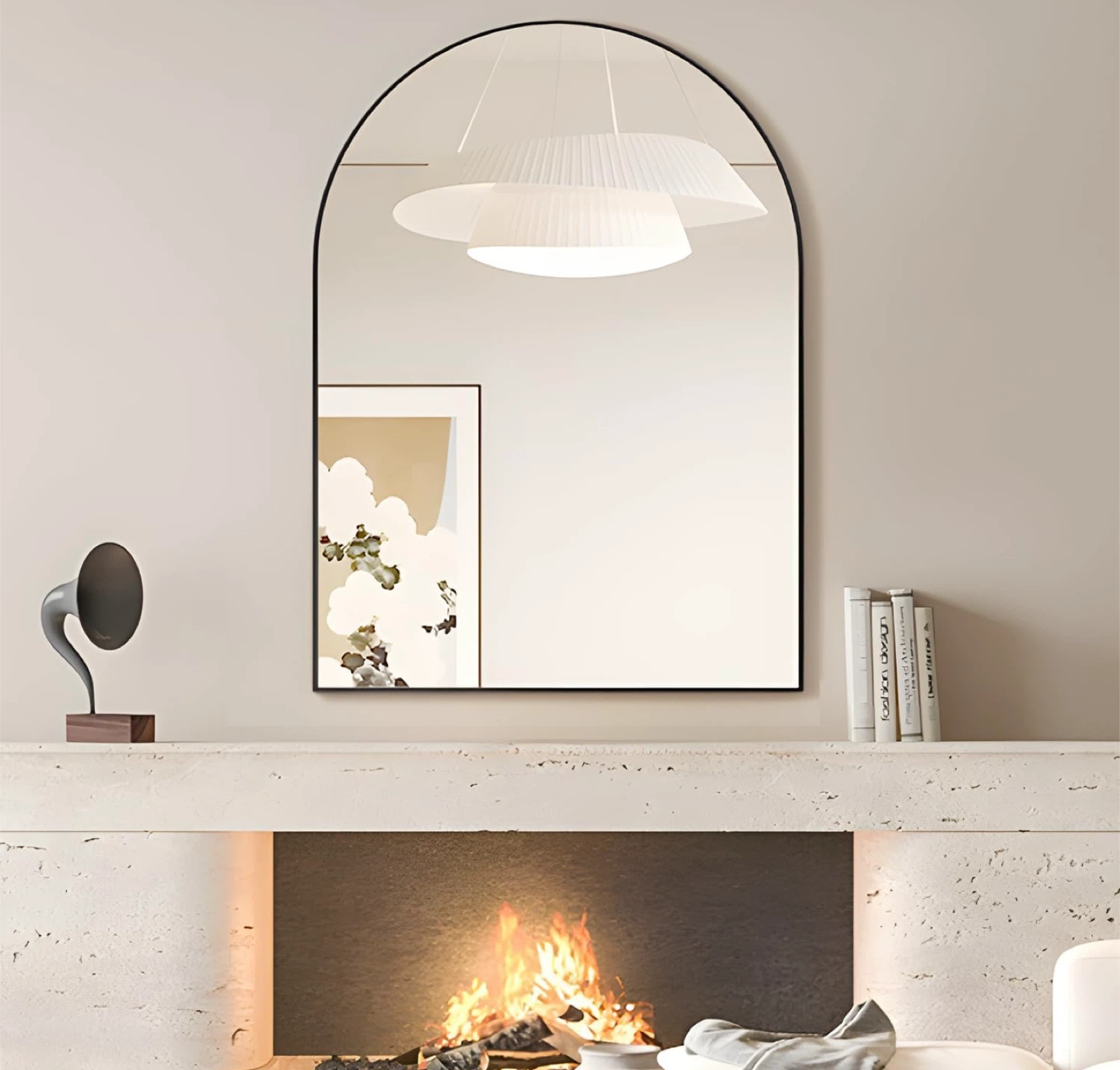 Large 40”x30” Arched Wall Mounted Mirror with Black Metal Frame - photo 2