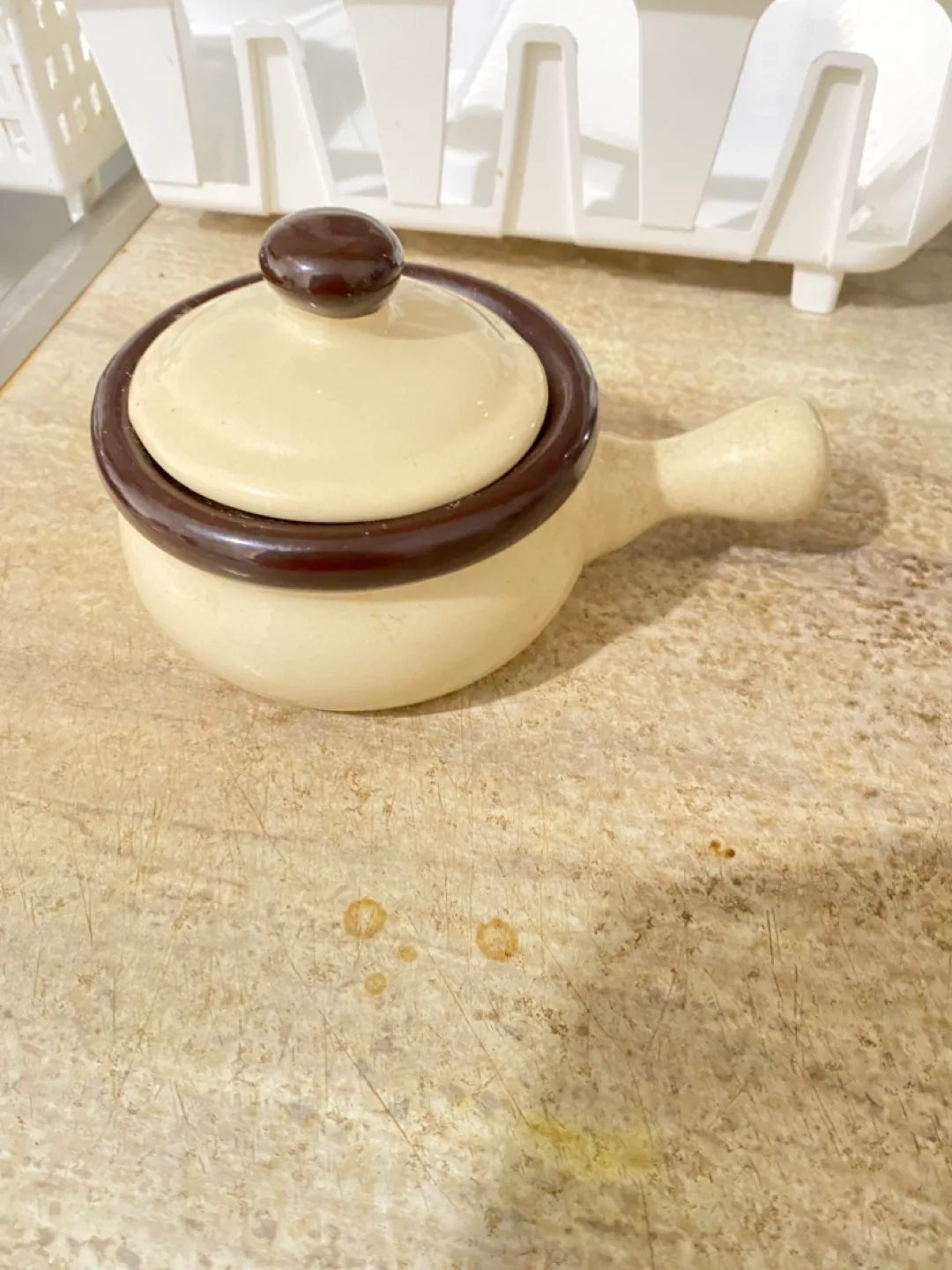 Vintage Cream & Brown Lidded Bowl with Handle thumbnail