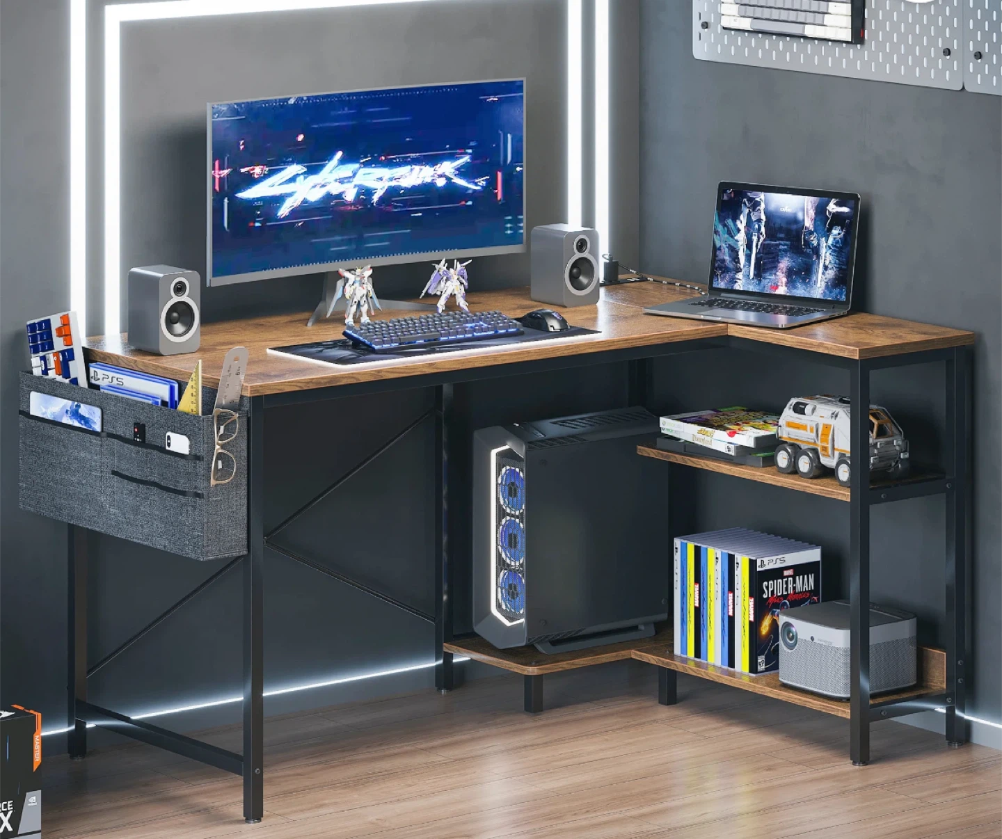 L Shaped Gaming Desk with Shelves - photo 2