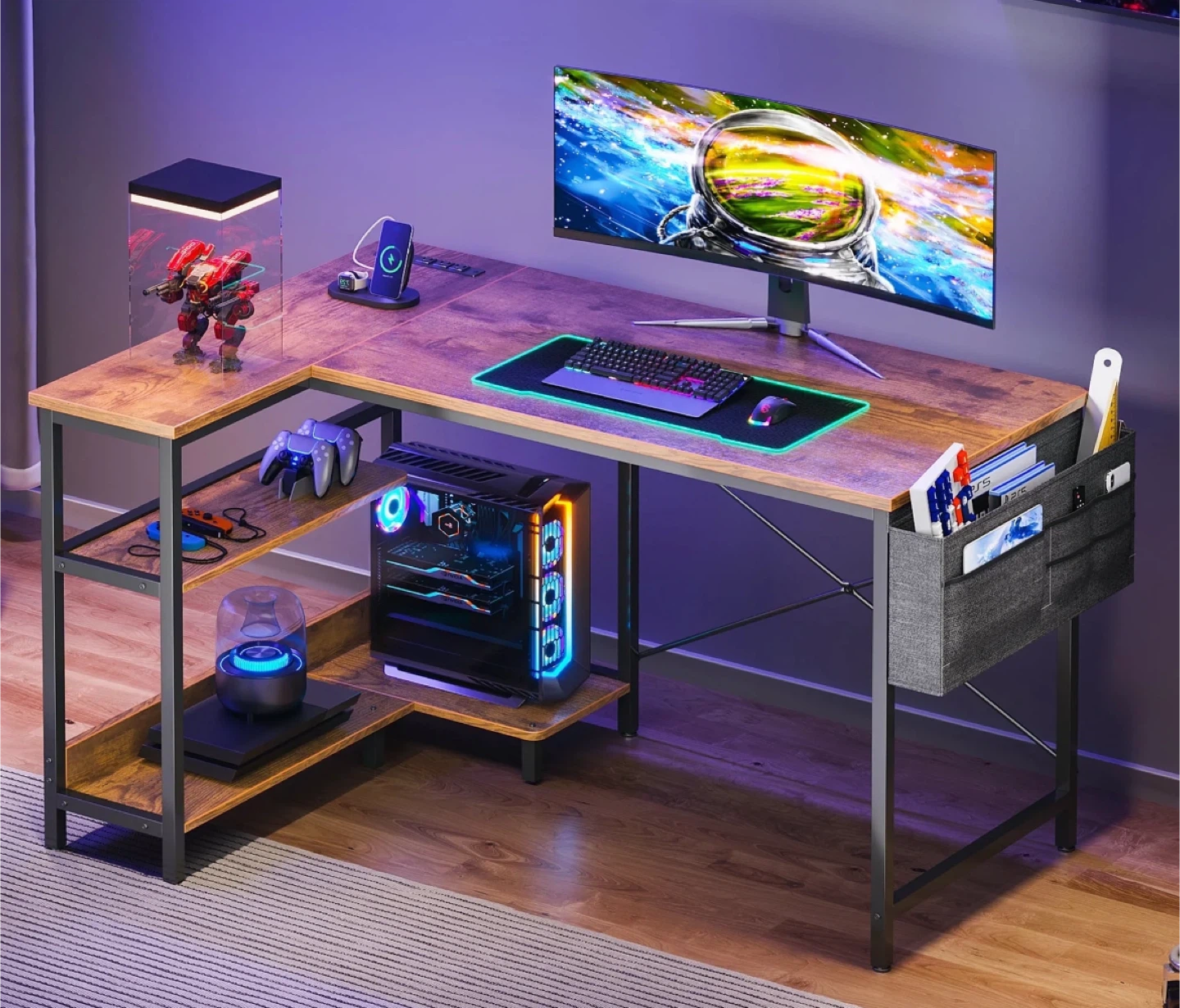 L Shaped Gaming Desk with Shelves