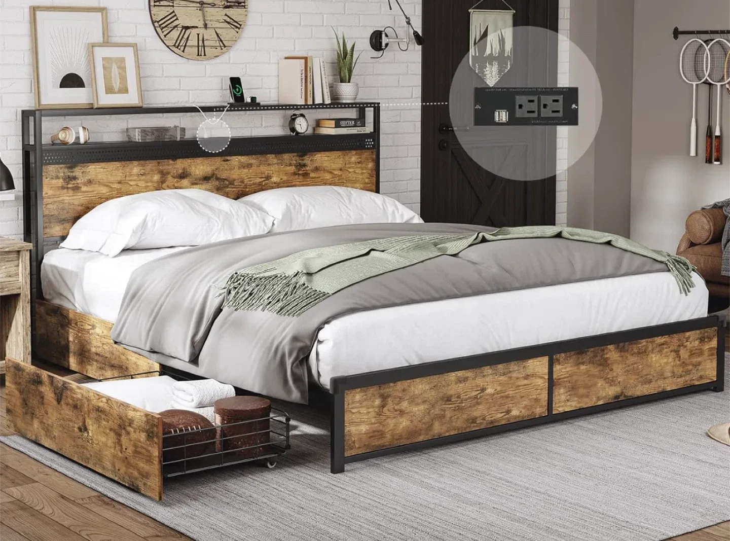 Double Shelf Headboard Bed Frame w/ Built-in Power Strip thumbnail