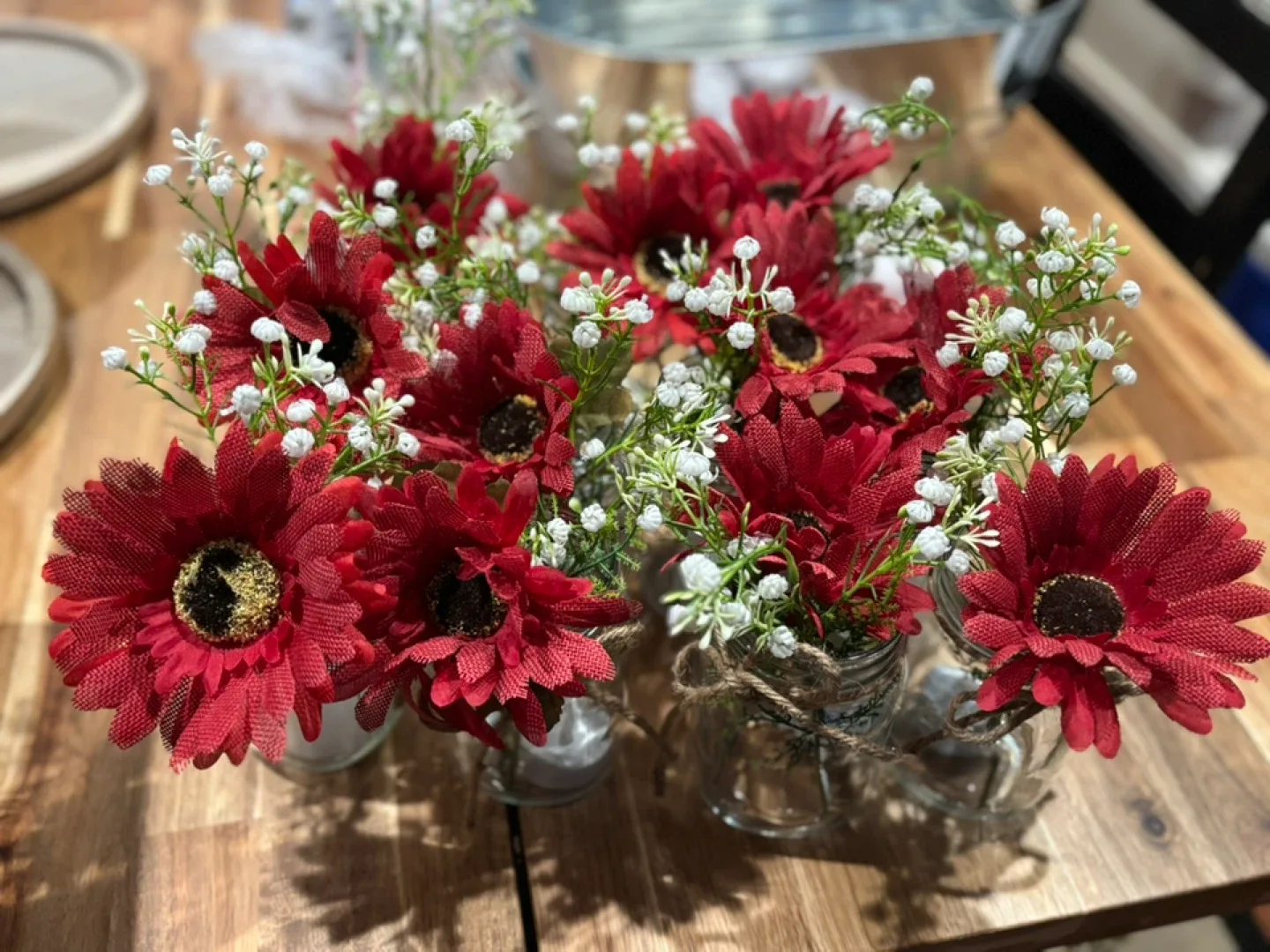 Red Gerbera Daisy Artificial Flowers with smaller white flowers thumbnail