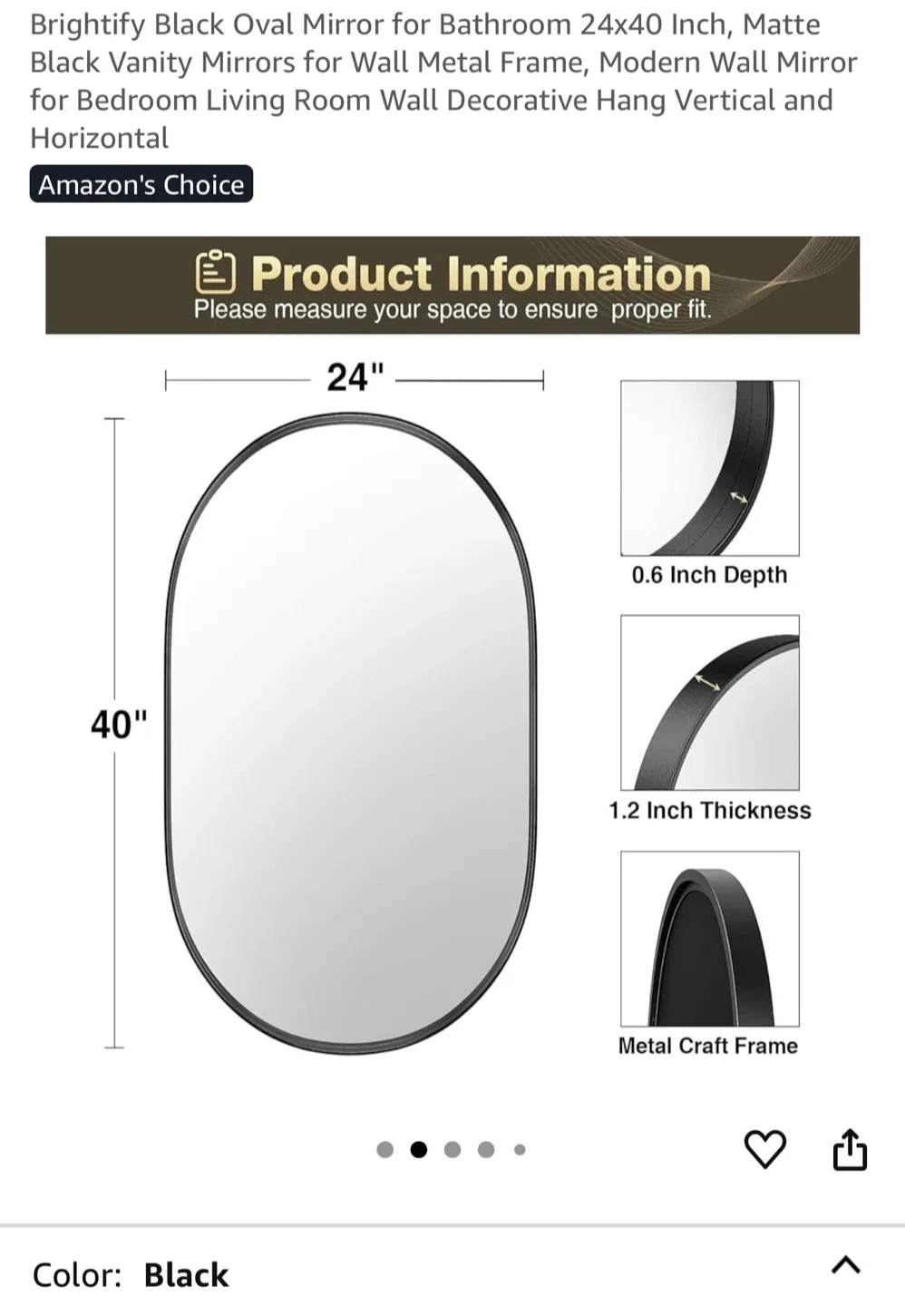 Black Oval Mirror 24x40 Inch thumbnail
