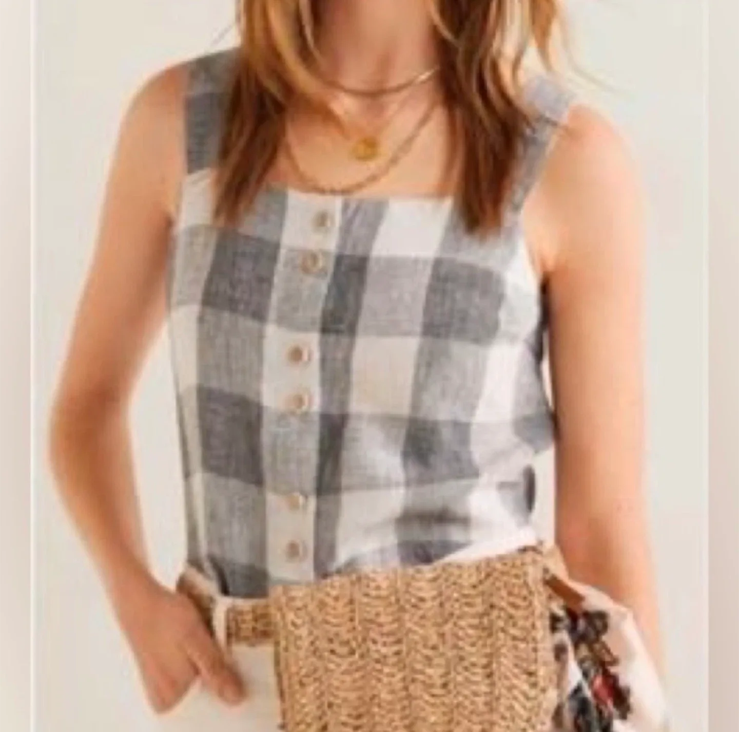 Mango Women's Linda Checked Linen Tank Top sz M thumbnail