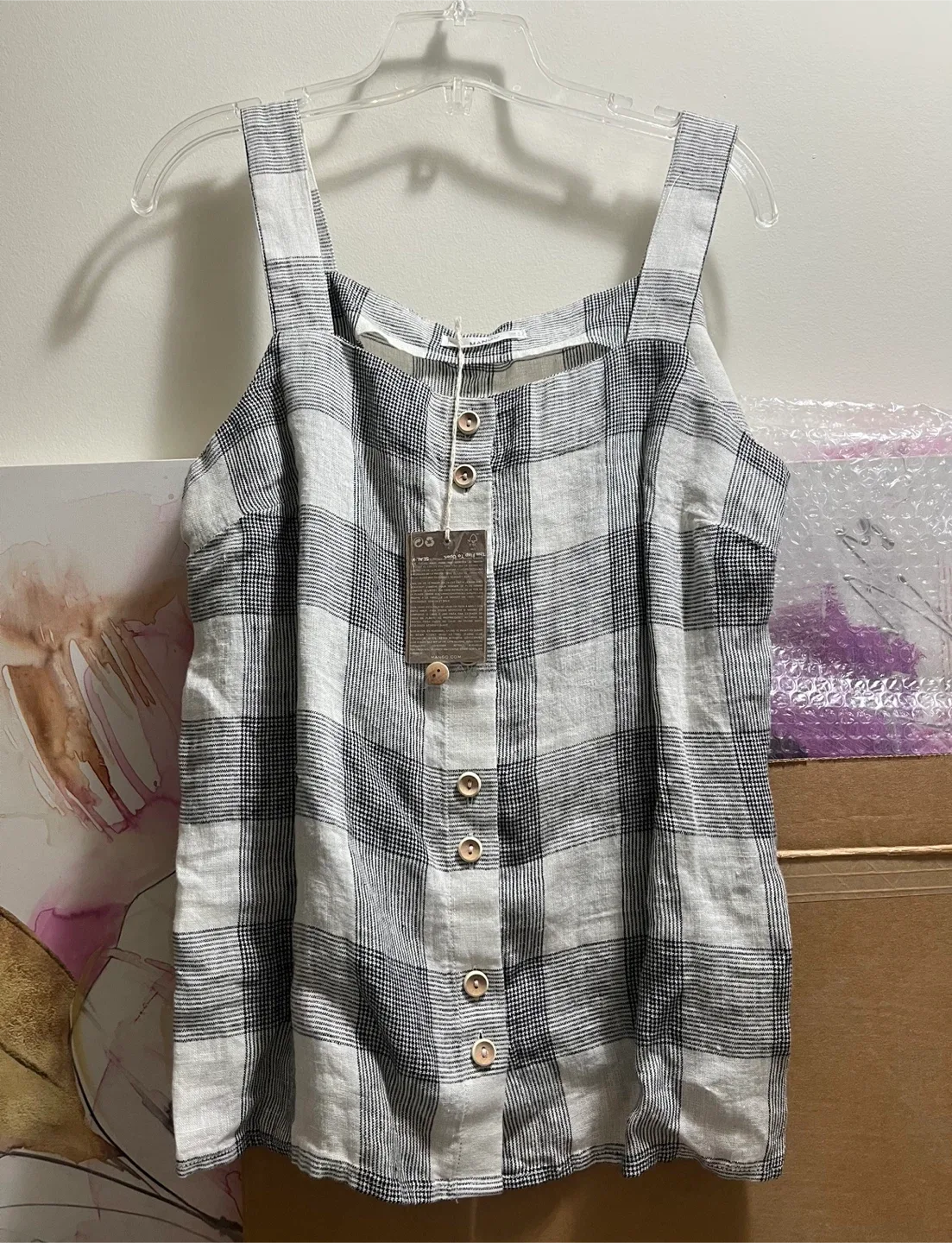 Mango Women's Linda Checked Linen Tank Top sz M image indicator(2)