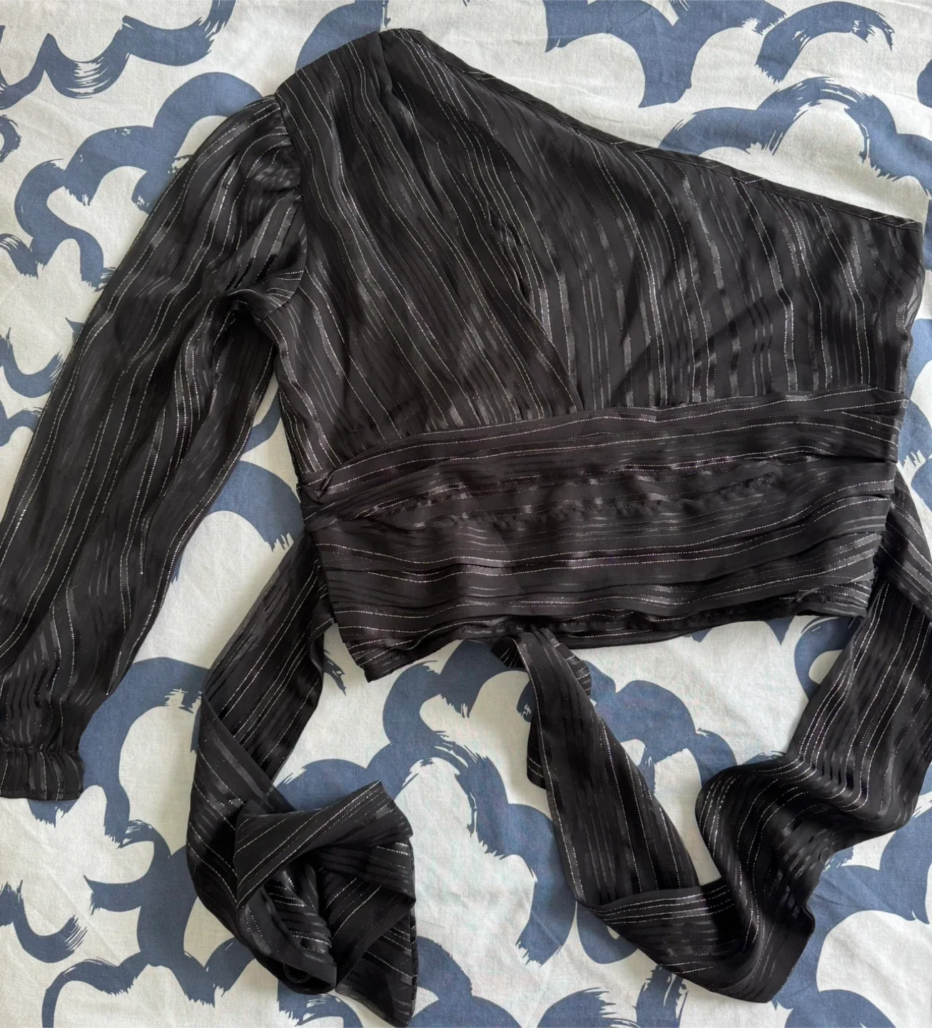 Black Striped One Shoulder Top - Large thumbnail