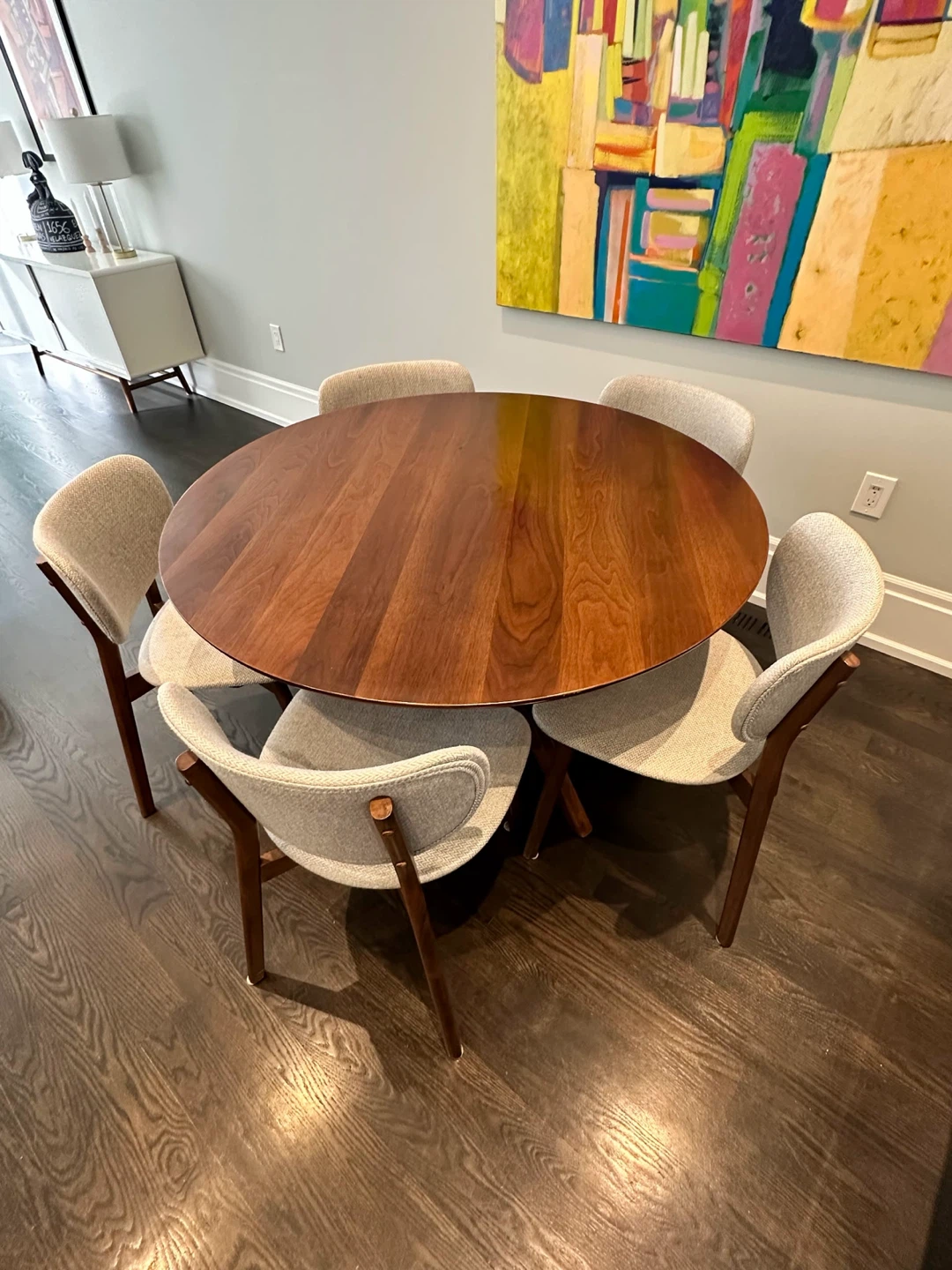 Round Dining Table with 5 Chairs - Wood & Upholstery