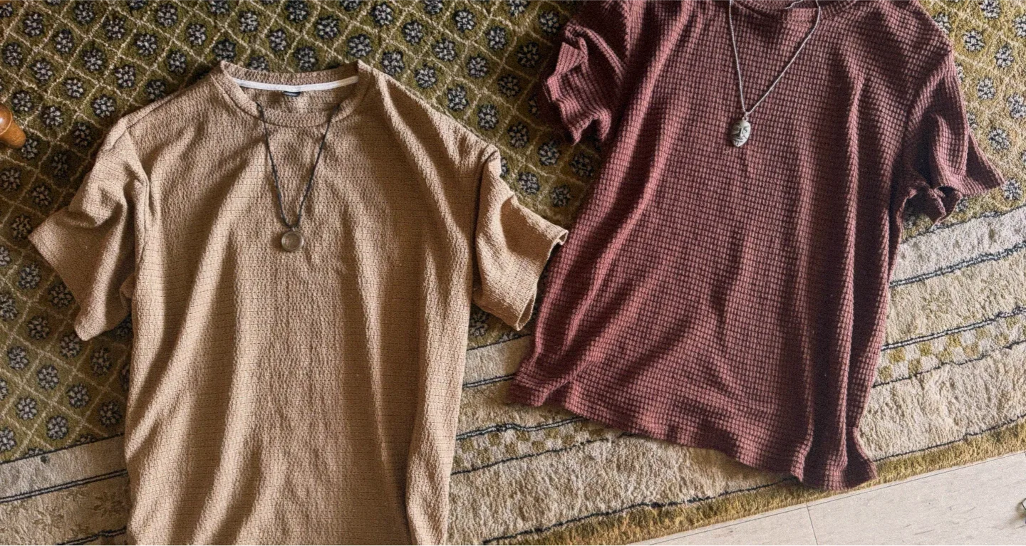 Two Waffle Knit Tops - Beige and Brown thumbnail
