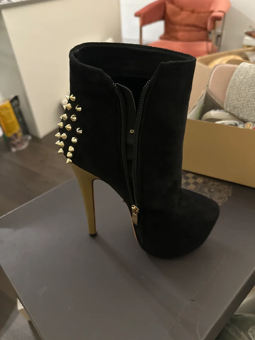 Vince Camuto Black Suede Studded Heel Booties, Size 6 thumbnail