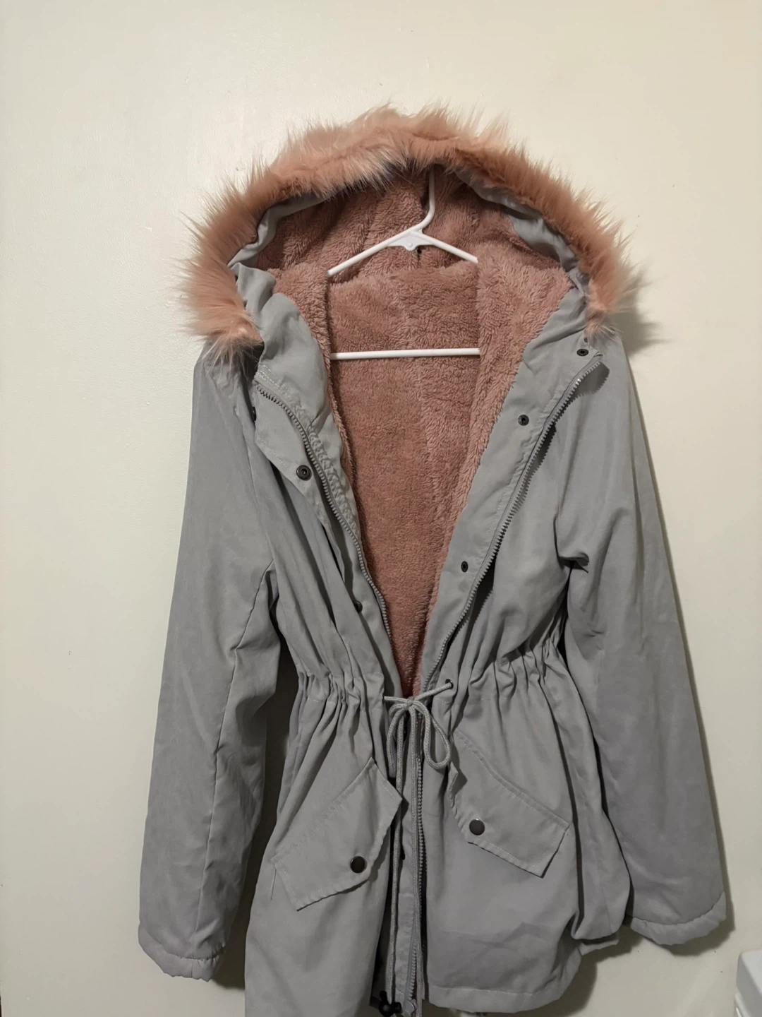 Grey Winter Coat with Faux Fur Trim