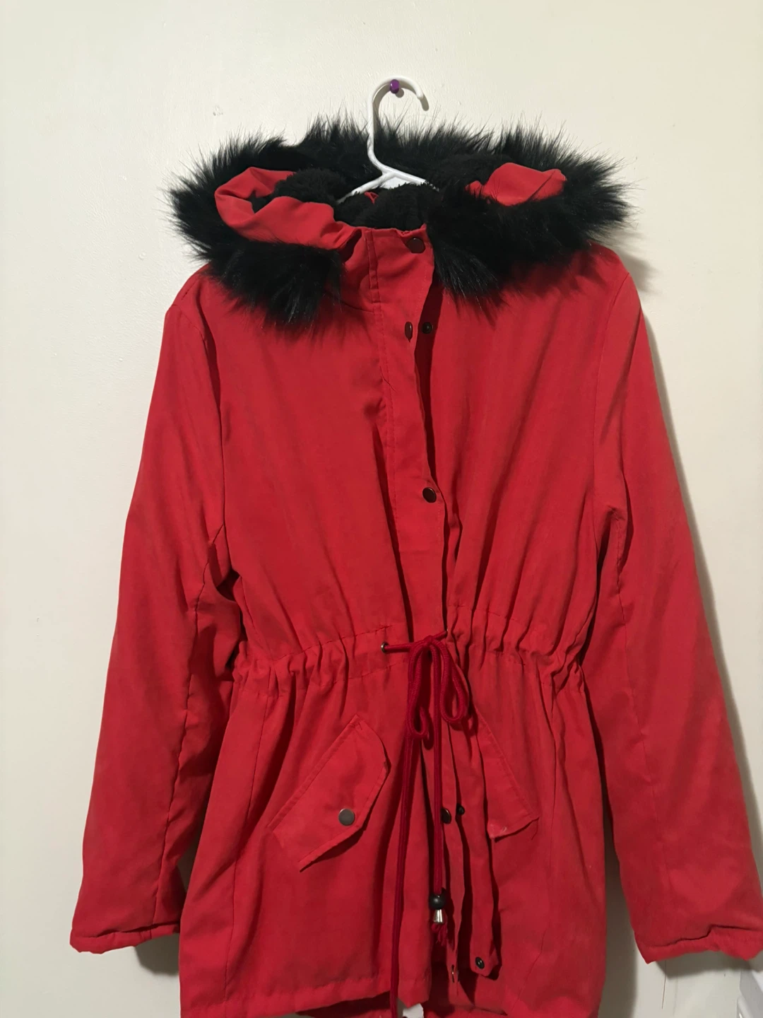 Red Winter Coat with Faux Fur Hood