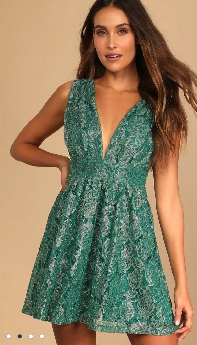 Tawny green metallic lace skater dress