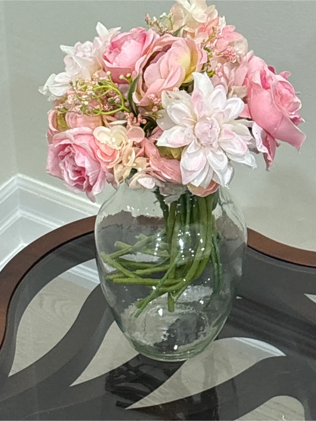 Pink Floral Arrangement in Glass Vase