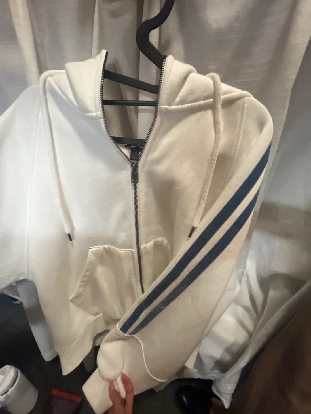 White Zip-Up Hoodie with Blue Stripes thumbnail