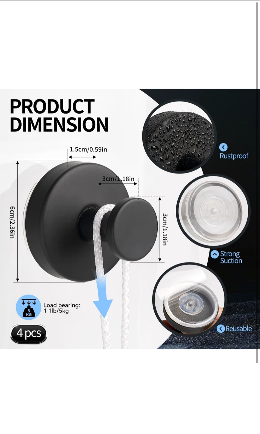 Black Suction Cup Hooks - Set of 4 - photo 3