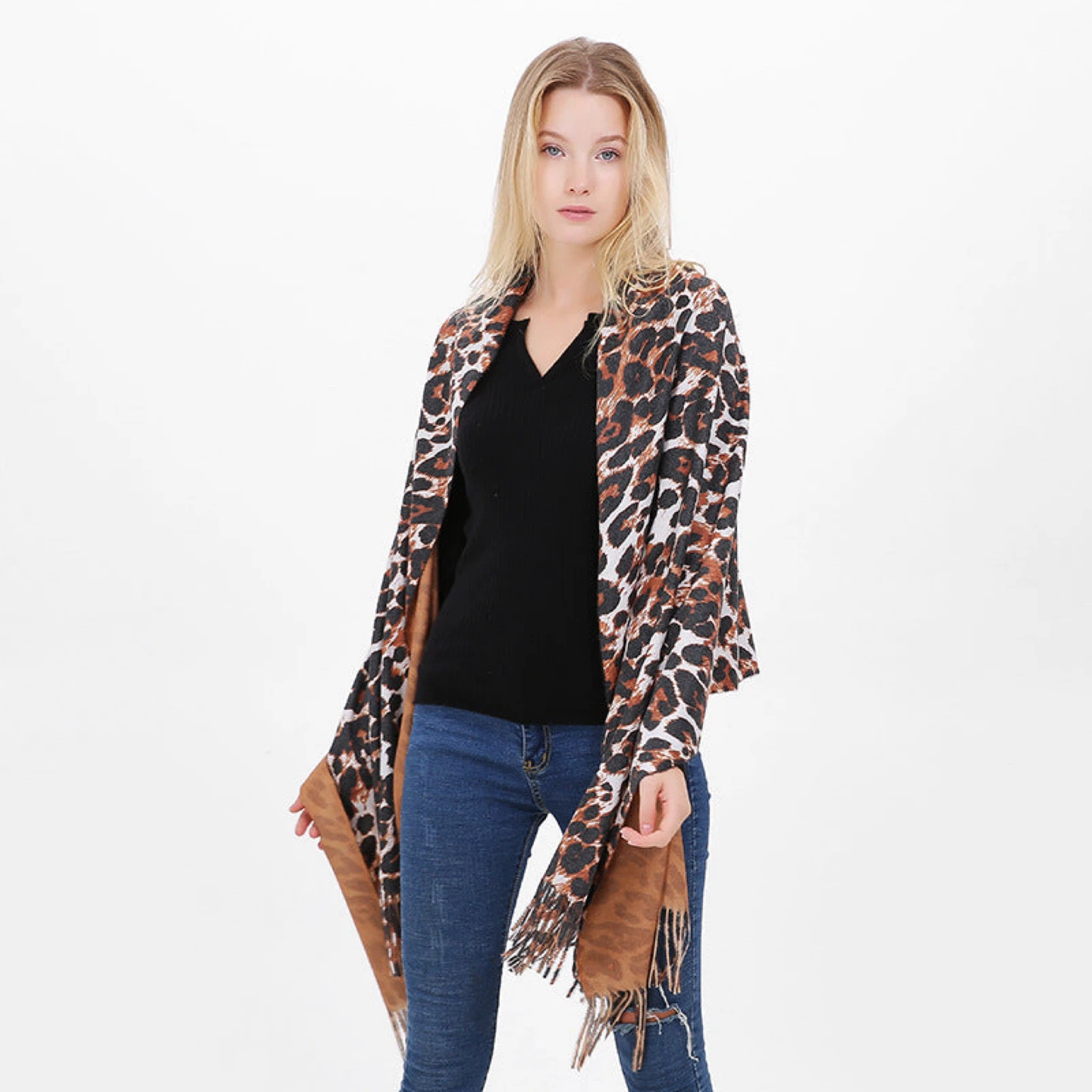 Reversible Leopard Print Scarf/Shawl - White, Brown, Black