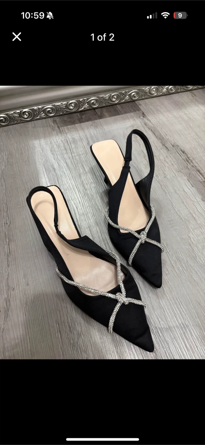 Black Slingback Heels with Rhinestone Detail