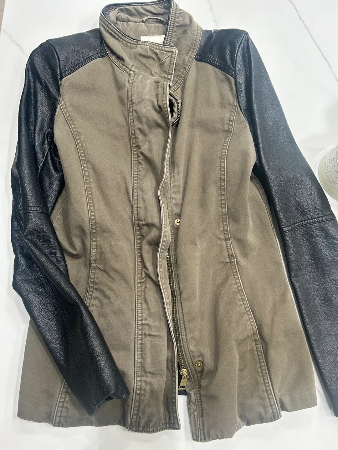 Olive Green Jacket with Black Faux Leather Sleeves thumbnail