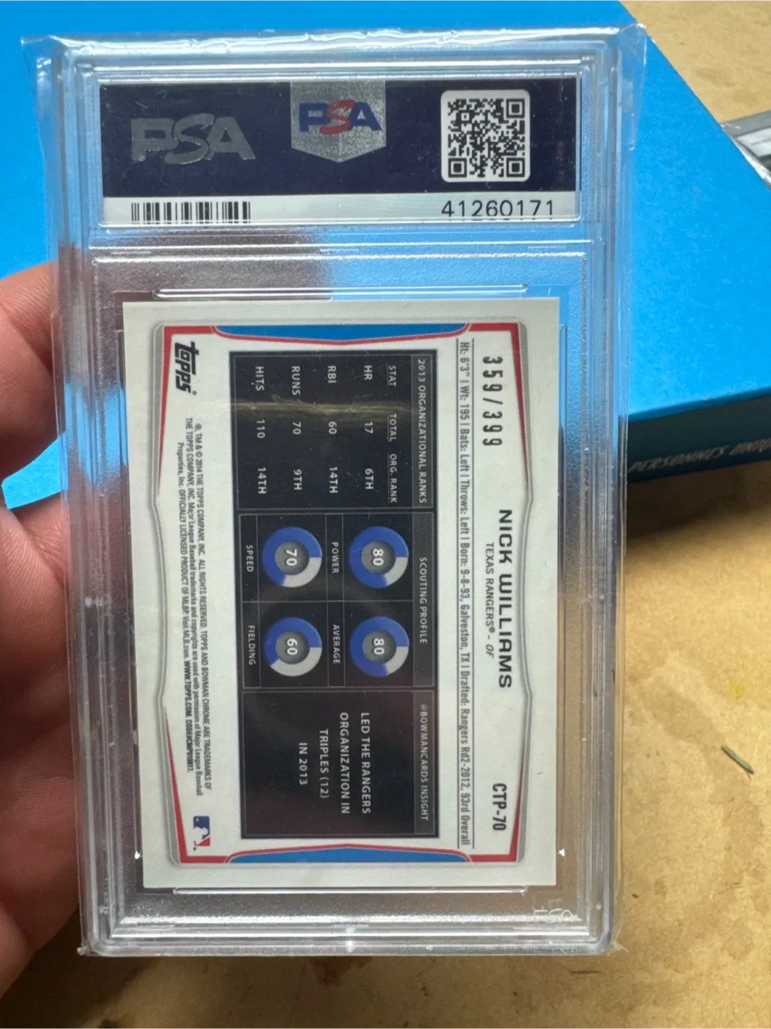 2014 Bowman Draft Nick Williams Blue Ref PSA 9 Mint image indicator(2)