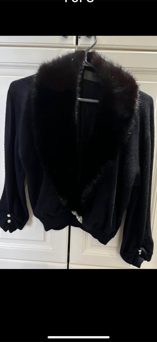 100% Cashmere Fur Trimmed Black Cardigan image indicator(3)