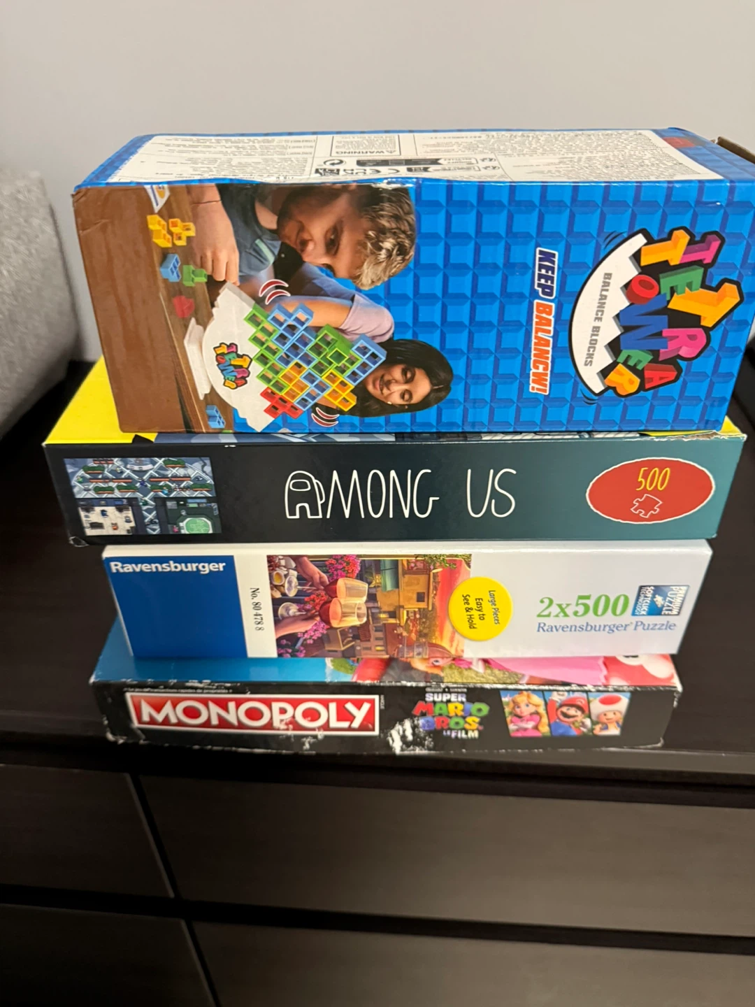 Board Games: Tetra Tower, Among Us, Monopoly