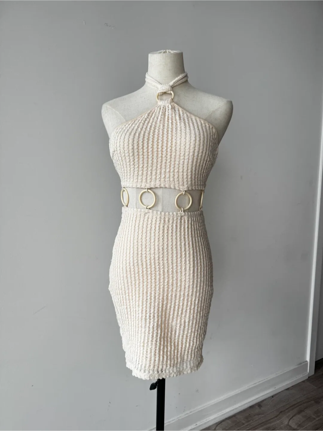 Halter Bohemian Mini Dress Boho - Beige thumbnail