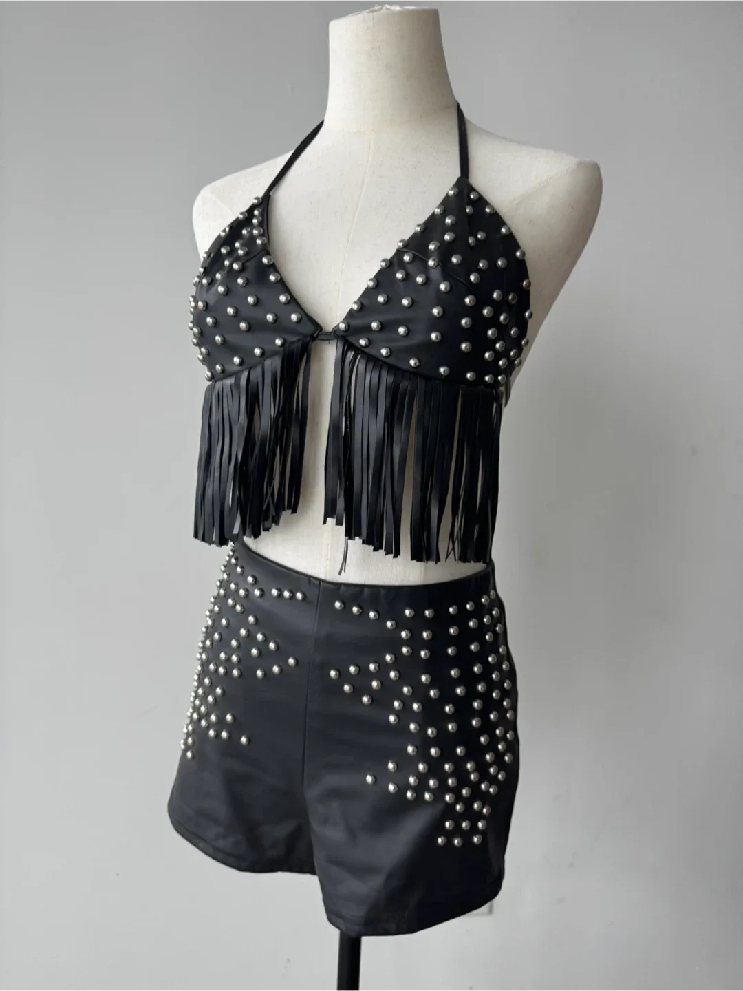 Black Studded Faux Leather Fringe Halter Top & Shorts Set thumbnail