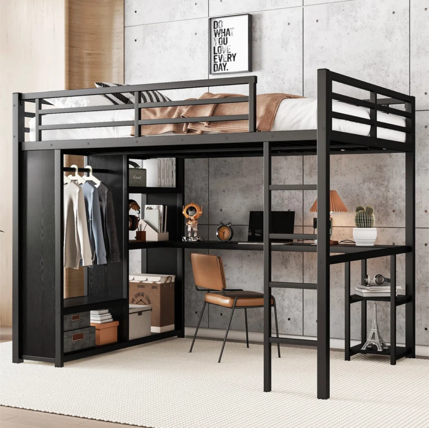 Black Metal Loft Bed with Desk & Shelves