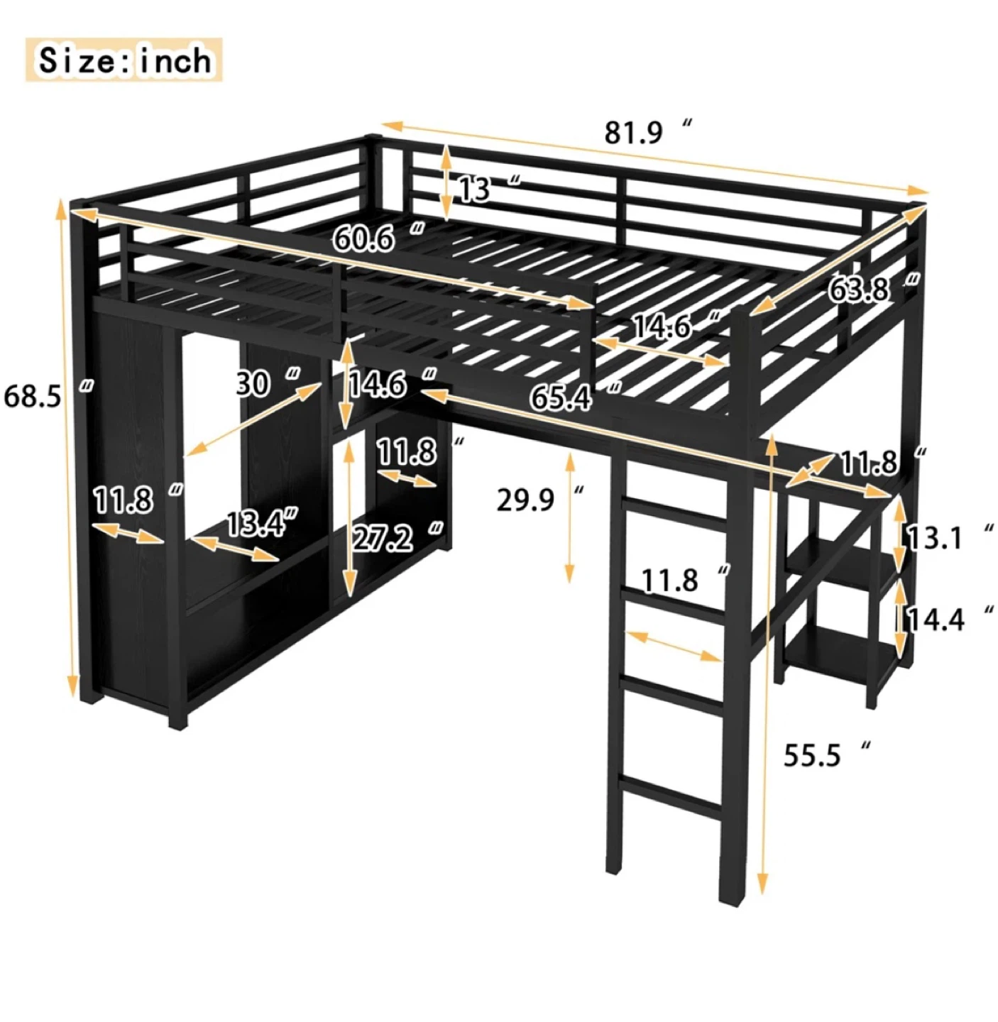 Black Metal Loft Bed with Desk & Shelves - photo 2
