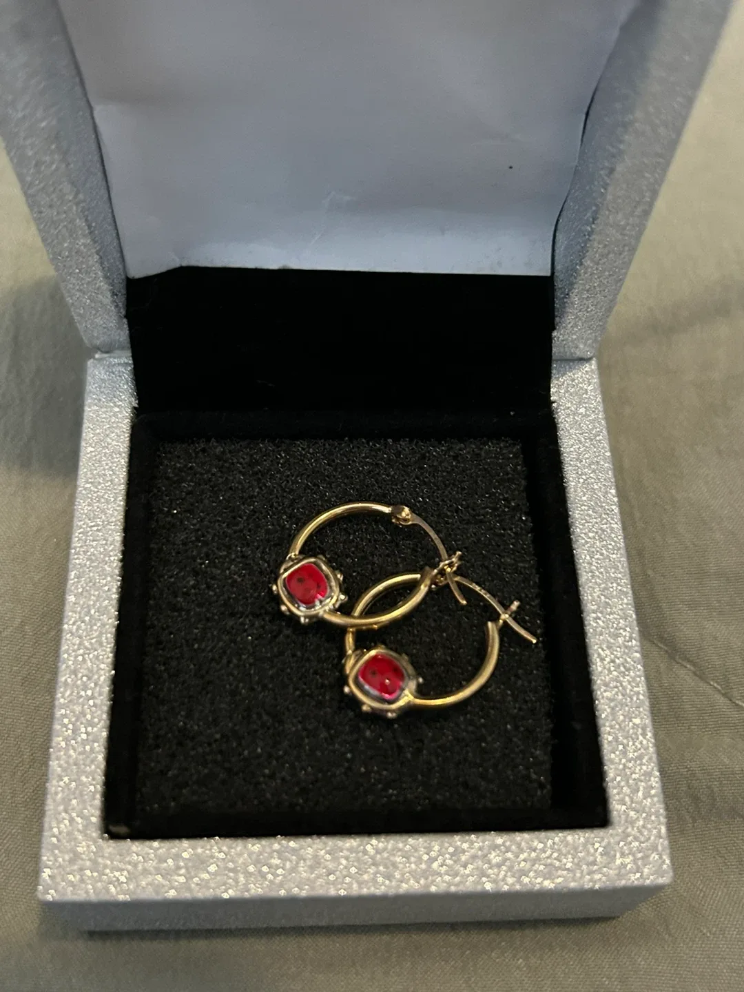 Gold Hoop Earrings with Red Stone Lady Bug thumbnail