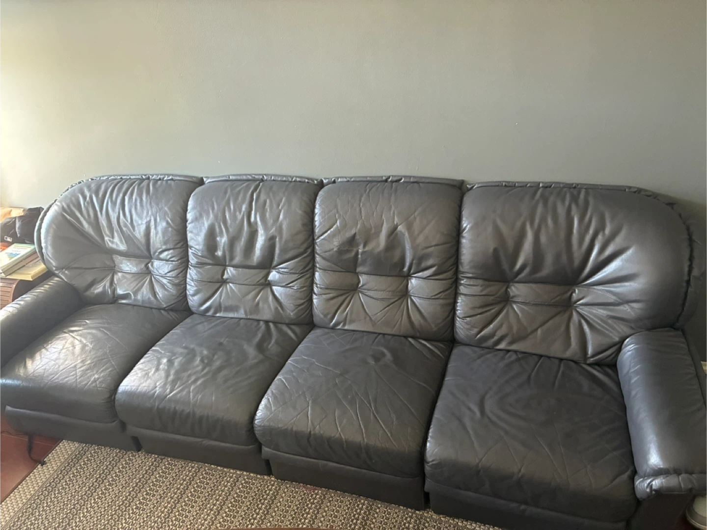Used Furniture Set: Round Table & Black Leather Sofa