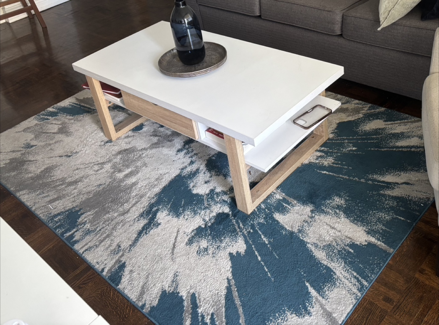 White & Wood Coffee Table plus area rug