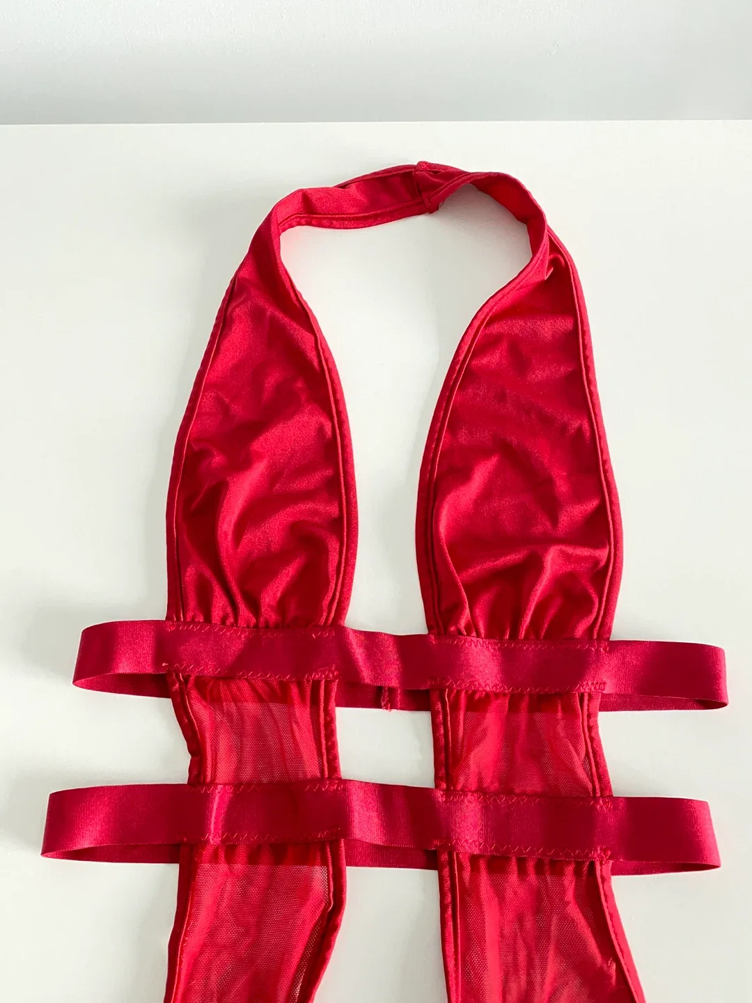 Red Contrast Mesh Cut Out Halter Teddy Bodysuit image indicator(2)