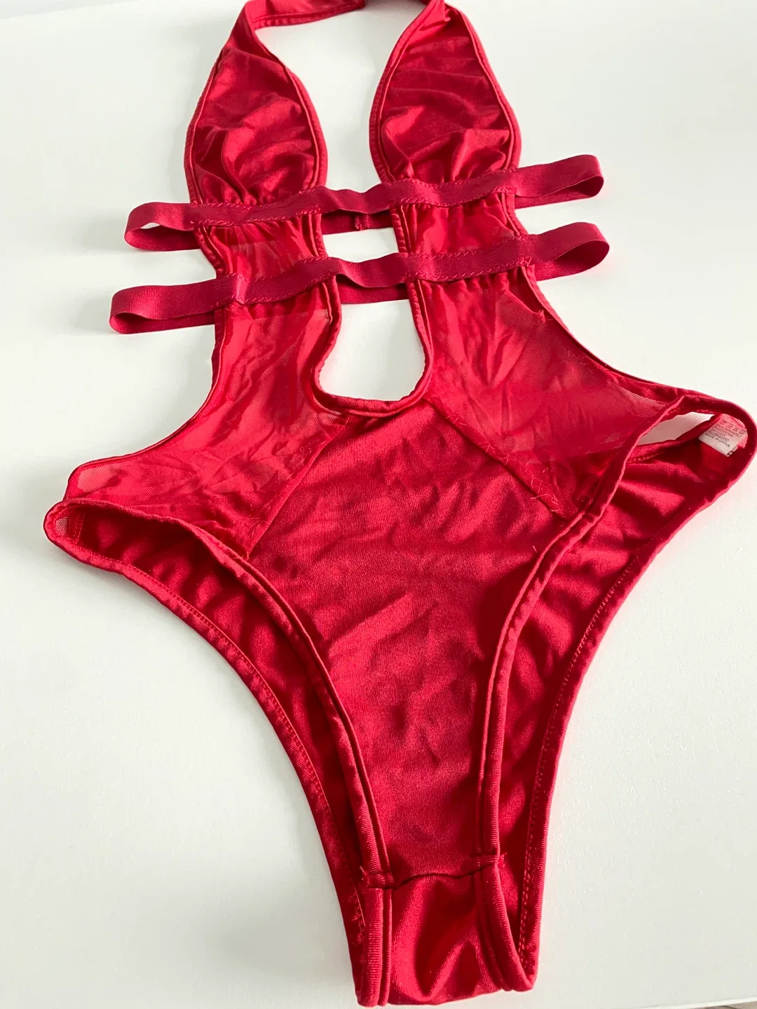 Red Contrast Mesh Cut Out Halter Teddy Bodysuit image indicator(3)