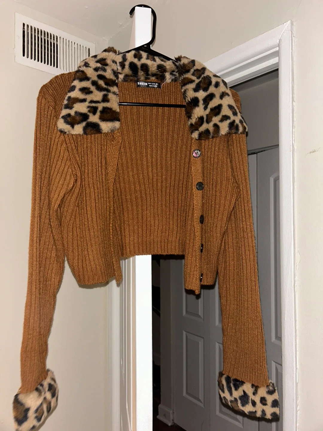 Cropped Brown Leopard Trim Button Up Sweater thumbnail